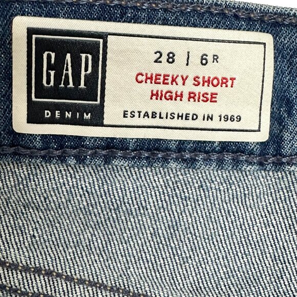 Gap High Rise Cheeky Distressed Shorts, Medium Wash Blue, Size 28 - Picture 7 of 8